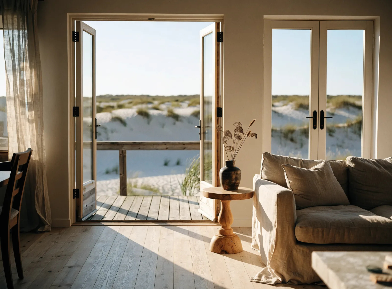 Bright beach house living room with linen sofa and open doors to the dunes