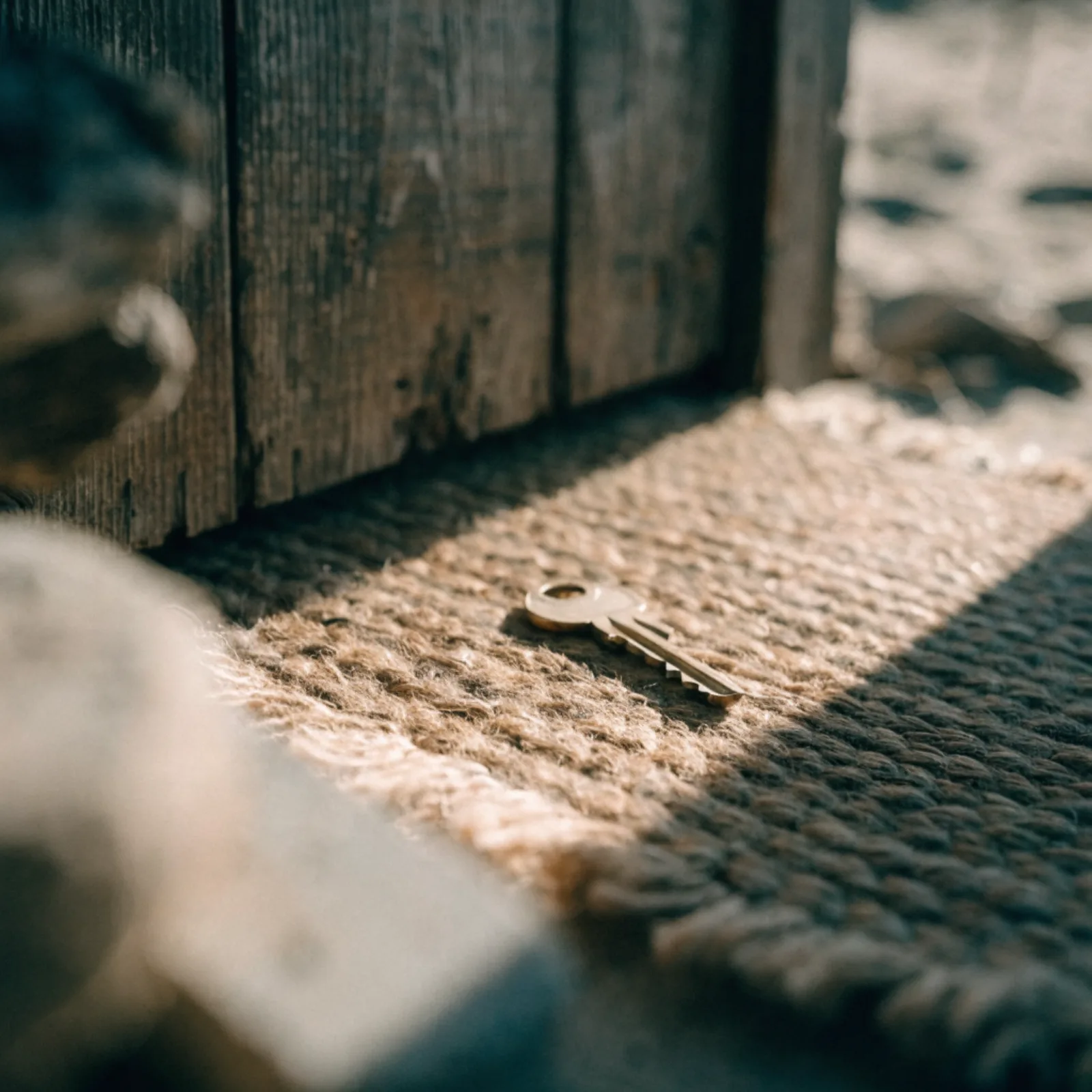 A brass key on a woven doormat at a beach cottage door